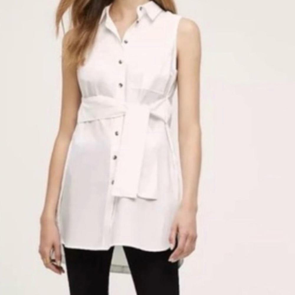 Maeve Anthropologie Sleeveless White Button-Front Tie-Waist Shirt